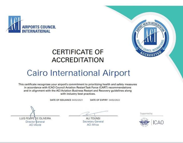 مطار القاهرة الدولى يحصل على شهادة الاعتماد الصحى من قبل مجلس المطارات الدولى ACI 