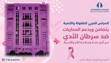 Photo of اضاءة مبنى المجلس العربي للطفولة والتنمية باللون الوردي إعلانا بالتضامن والدعم مع المحاربات ضد مرض سرطان الثدي